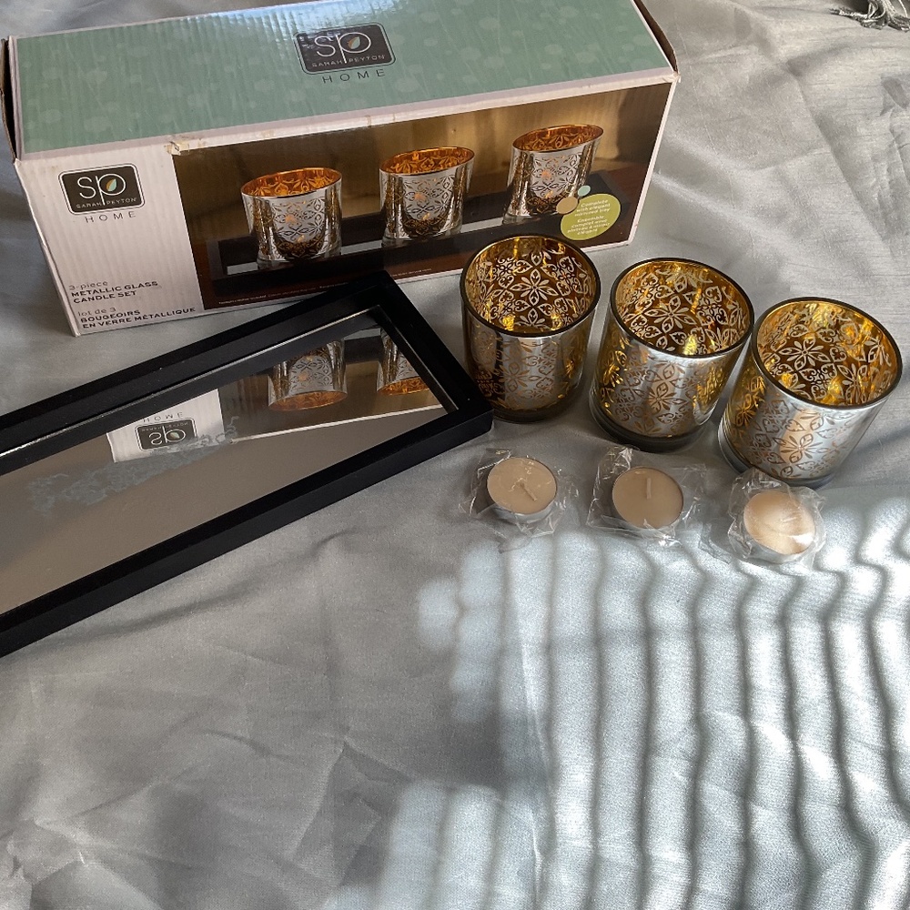 NIB Vintage Sarah Peyton Home 3-piece Metallic Glass Candle Set, Mirror tray